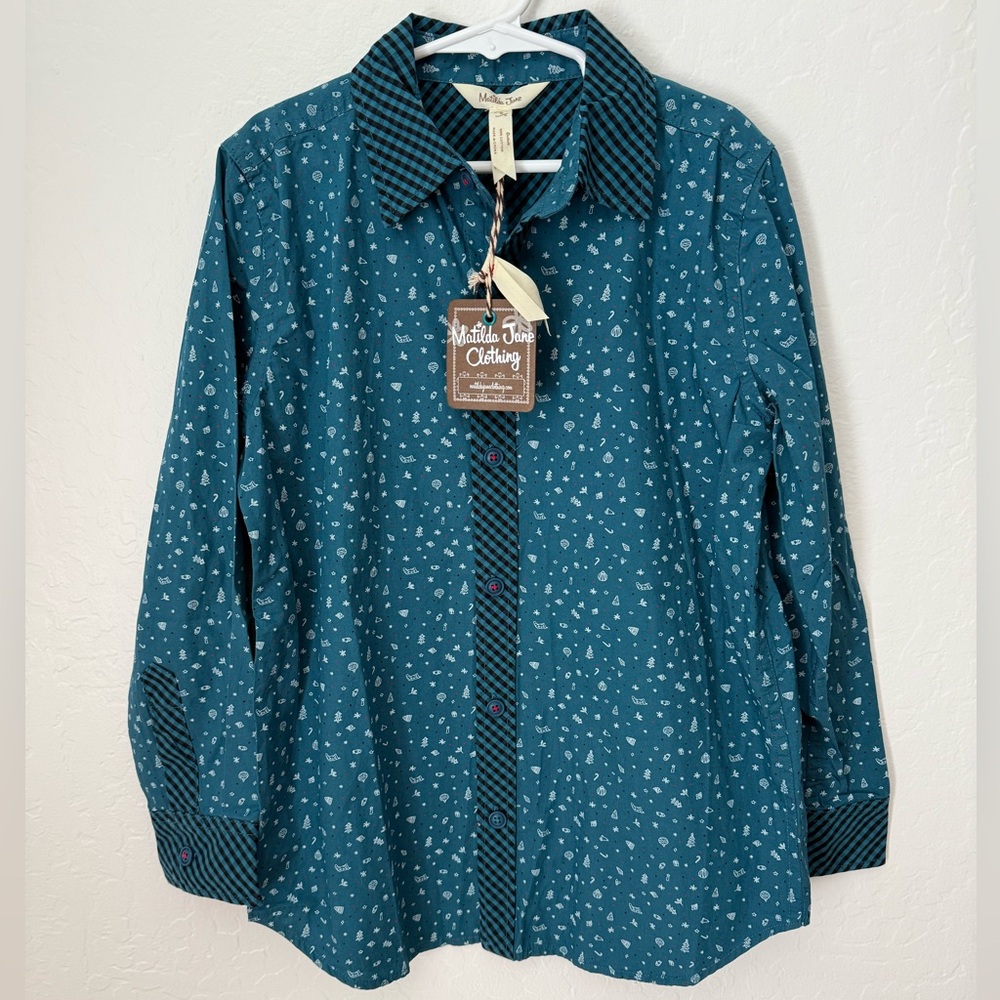 Matilda Jane Boys Christmas Shirt Size 8 NWT – Blue Green Long Sleeve Button-Up